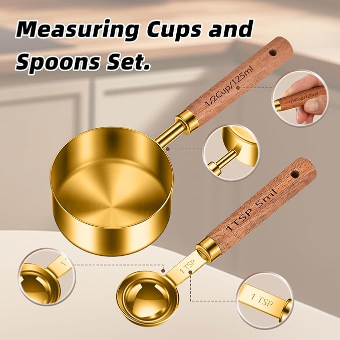Stainless Steel Measuring Cups and Spoons Set of 8, Stackable Wooden Handle - Image 4
