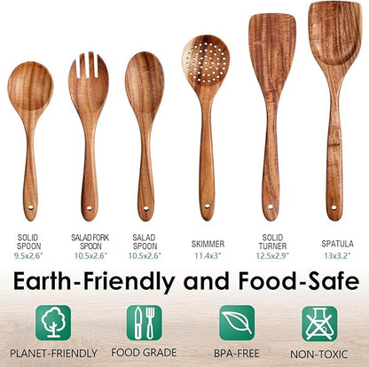 HOWHONG Wooden Spoons for Cooking, Teak Wood Kitchen Utensil Set, Premium - Image 2