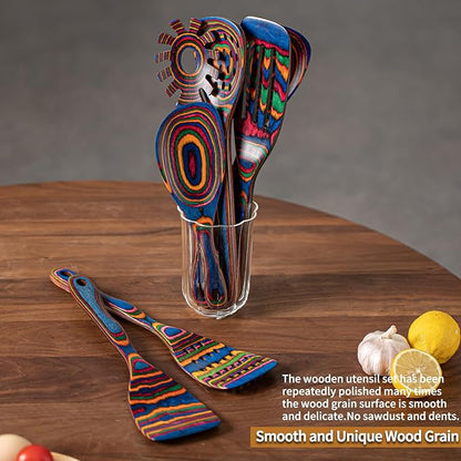 Gudamaye Pakka wood 7-Piece Blue Wooden Cooking Utensils, Wooden Spoons - Image 6