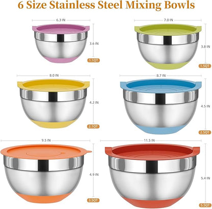 Fyrnova Mixing Bowls with Lids Set, 6 Piece Stainless Steel Nesting Storage - Image 2