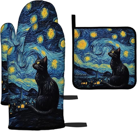 LOKMU Oven Mitts and Pot Holders Set of 3, Starry Night and Black Cat Heat by LOKMU