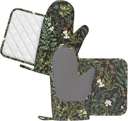 Botanical Print Floral Oven Mitts and Pot Holders Set of 4 Silicone Black Sage - Image 2