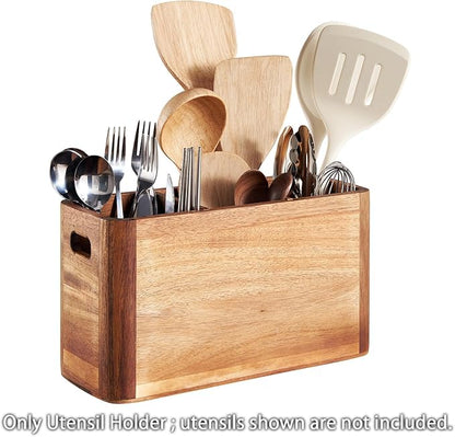 12" Wooden Kitchen Utensil Holder, Extra Large Acacia Wood Organizer - Image 6