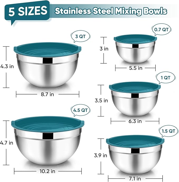 TeamFar Mixing Bowl Set of 5, Stainless Steel 4.5/3/1.5/1/0.7 QT Metal Nesting - Image 2
