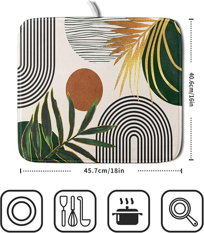 Boho Leaves Dish Drying Mat 16x18 inch Mid Century Absorbent Drainer Rack Mats - Image 2