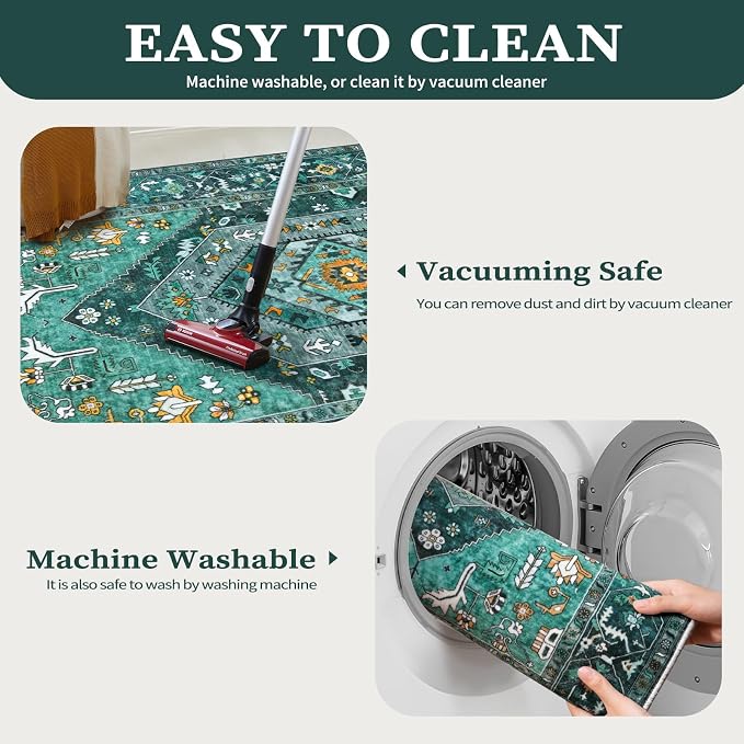 SERISSA 4x6 Boho Bedroom Rug, Washable Non Slip Vintage Teal Area Rugs - Image 2