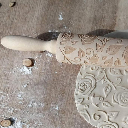 Wooden Rolling Pin, Rose Flower Embossed Engraved Carved Rolling Pin, - Image 6