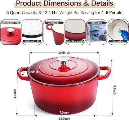 E-far Dutch Oven Pot with Lid, 5 Quart Enameled Cast Iron Round Dutch Oven - Image 2