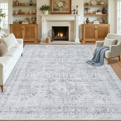 8x10 Area Rugs for Living Room: Vintage Boho Neutral Washable Rug Indoor Soft by Luxturiy