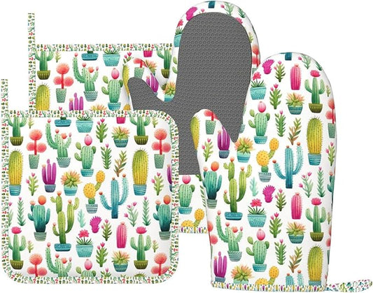 Oven Mitts and Pot Holders Set, Cactus Pattern Watercolor Silicone Kitchen by DADABULIU