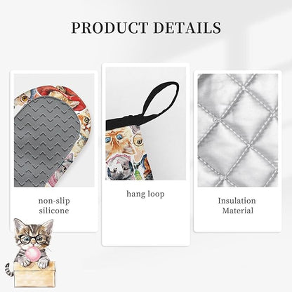 Cute Cat Oven Mitts and Pot Holders Sets 3PCS, Cat Silicone Heat Resistant Oven - Image 3