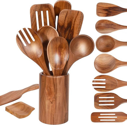 MYRAINBOW Wooden Spoons for Cooking, 10-Piece Teak Wooden Cooking Utensil Set by Myrainbow