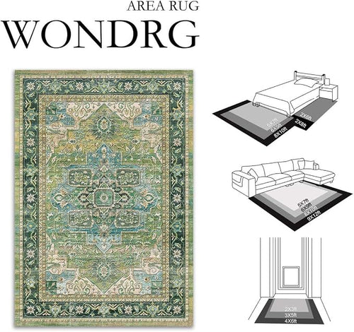 9x12 Washable Vintage Area Rug Green Oriental Living Room Bedroom Throw Rug - Image 2