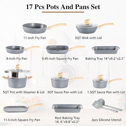 DishDelight 17 Piece Pots and Pans Set Non Stick, Granite Nonstick Cookware Set - Image 7