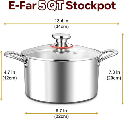 E-far 5 Quart Stock Pot with Lid, 18/10 Tri-ply Stainless Steel Stockpot - Image 2