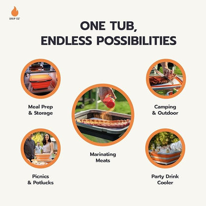 Drip EZ Collapsible BBQ Prep Tubs 3-Piece Set- For Meal Prep Marinating Food Storage - Includes Cutting Board & Lid - (1) JR + (1) OG + (1) XL - Orange