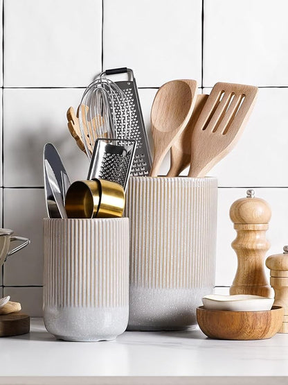 LE TAUCI Utensil Holder for Kitchen Counter, 7.3"+5.4" Fluted Ceramic Utensil - Image 3