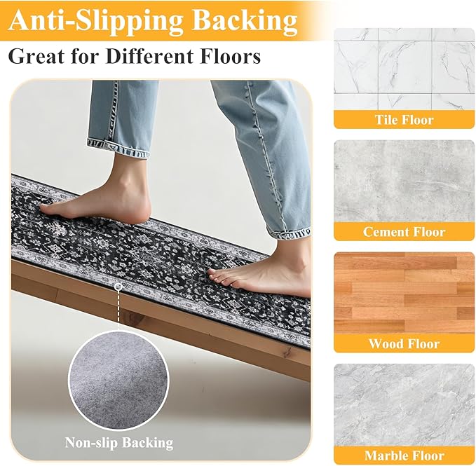HEBE Washable Hallway Runner Rug 2'x 6' Non Slip Kitchen Rugs Runner, Low Pile - Image 3