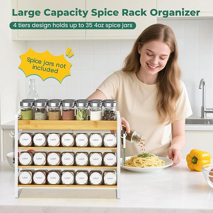 EsLuker.ly Spice Seasoning Rack Organizer Kitchen Countertop, 4 Tier Bamboo - Image 2