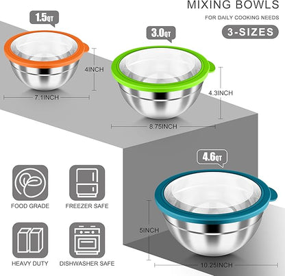 HaWare Mixing Bowls with Airtight Clear Lids, 6-Piece Stainless Steel Strong - Image 2