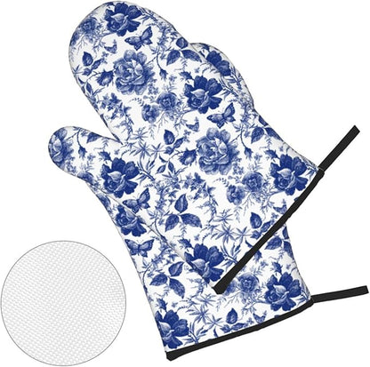 Blue and White Porcelain Floral Butterfly Oven Mitts and Pot Holders Set of 4 - Image 2