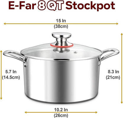 E-far 8 Quart Stock Pot with Lid, 18/10 Tri-ply Stainless Steel Stockpot - Image 2