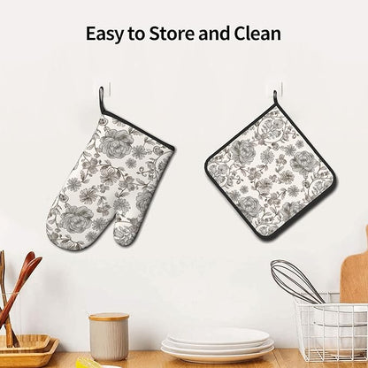 Vintage Flowers Oven Mitts and Pot Holders Sets Boho Kitchen Gloves White Grey - Image 6