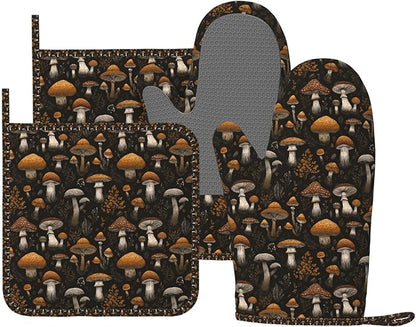 Oven Mitts and Pot Holders Set, Vintage Mushroom Leaf Silicone Kitchen by DADABULIU
