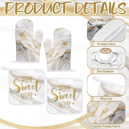 Bencailor 6 Pcs Marble Kitchen Decor Gold Pot Holders Oven Mitts 2 Dish Towels - Image 5