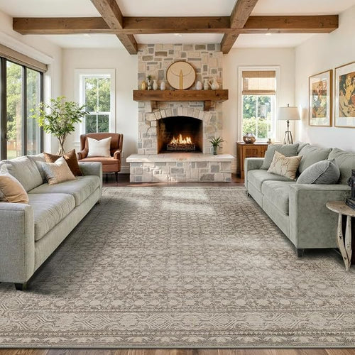 9x12 Washable Area Rug for Living Room, Extra Large Neutral Vintage Boho Rugs by Rugxara