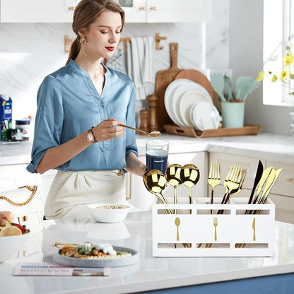 Ayiaren Wood Flatware Silverware Caddy White Cutlery Holder Kitchen Utensils - Image 2
