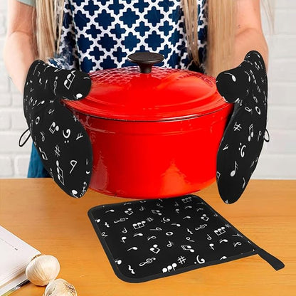 Music Notes Oven Mitts and Pot Holders Sets of 3 Black Hot Pads Musicial Oven - Image 7