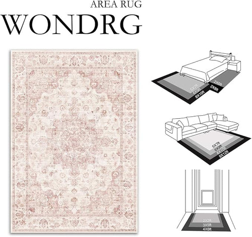 2x6 Washable Neutral Runner Rug Pink Vintage Hallway Kitchen Carpet Non-Slip - Image 2