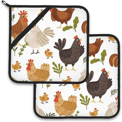 Cute Roosters Pot Holder Set of 2, Heat Resistant Potholders Oven Hot Pads by Larkverk