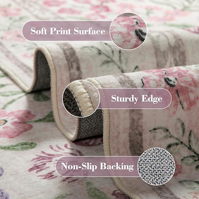 Wonnitar Floral Washable Round Rugs 6ft, Ultra-Thin Non Slip Boho Carpet - Image 3