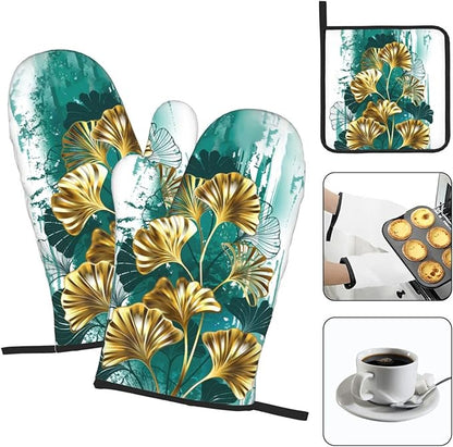 Teal Gold Green Leaves Oven Mitts and Pot Holders Set Heat Resistant Non Slip - Image 3