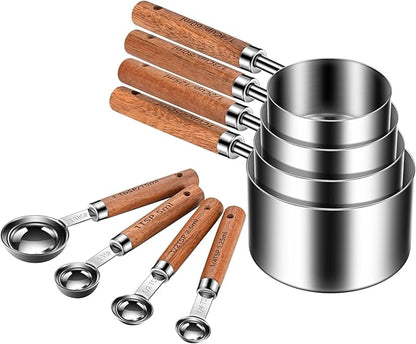Stainless Steel Measuring Cups and Spoons Set of 8, Stackable Wooden Handle by JASUNMI