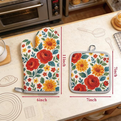 Floral Oven Mitts and Pot Holders Sets 2 Pcs, Canvas Heat Resistant Kitchen - Image 3