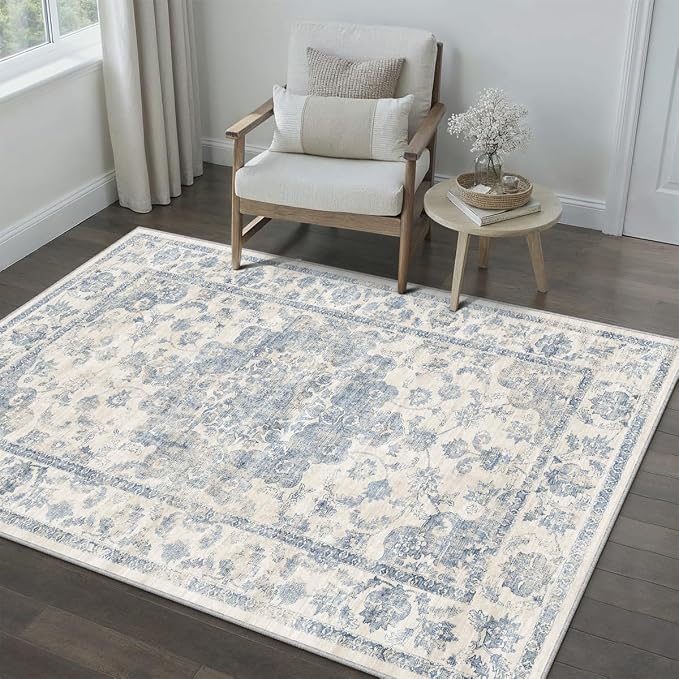 3x4 Washable Neutral Area Rug Blue Vintage Entryway Office Carpet Non-Slip Soft - Image 2