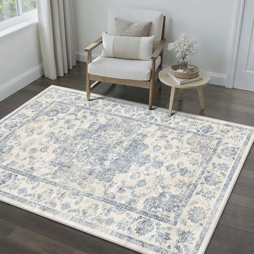 3x4 Washable Neutral Area Rug Blue Vintage Entryway Office Carpet Non-Slip Soft - Image 2