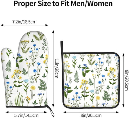 Blue Yellow Green Floral Oven Mitts & Pot Holders Sets of 3, Heat Resistant Sky - Image 8