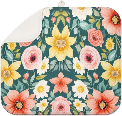 Large Blue Floral Spring Dish Drying Mat by Scritism