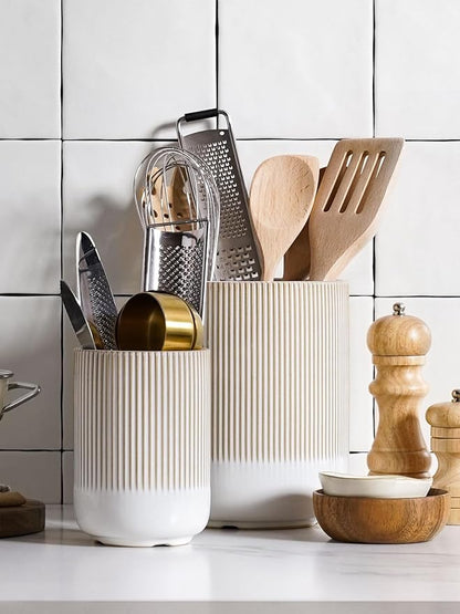 LE TAUCI Utensil Holder for Kitchen Counter, 7.3"+5.4" Fluted Ceramic Utensil - Image 3