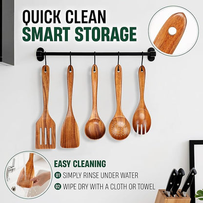 Bkiok Wooden Spoons for Cooking, Natural Teak Wood Kitchen Utensils Set for - Image 6