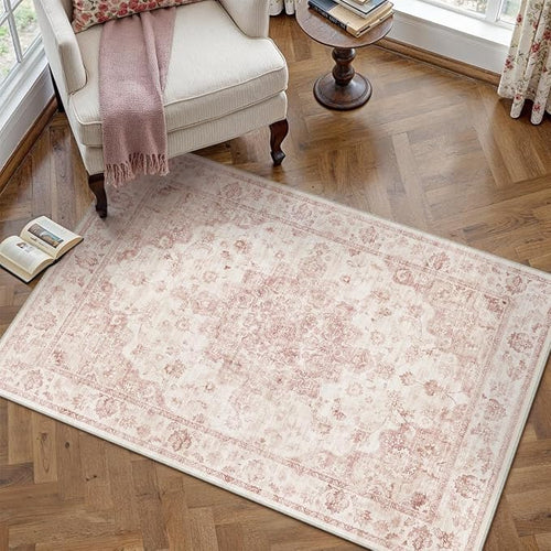 3x4 Washable Neutral Area Rug Pink Vintage Entryway Office Carpet Non-Slip Soft by WondRg