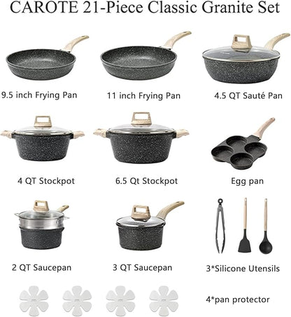 CAROTE 21pcs Pots and Pans Set Nonstick, Cookware Set Black Granite Induction - Image 2