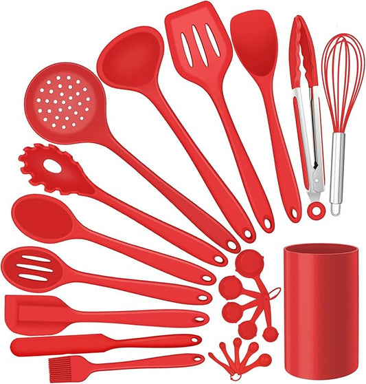 Silicone Kitchen Utensils Set, E-far 23 Pcs Red Cooking Utensils Tools by E-far
