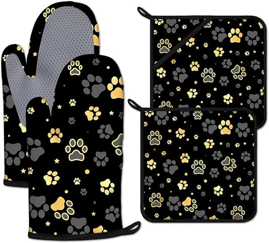 Gold Dog Paw Print Oven Mitts and Pot Holders Sets Heat Resistant 4Pcs by ANTJOO
