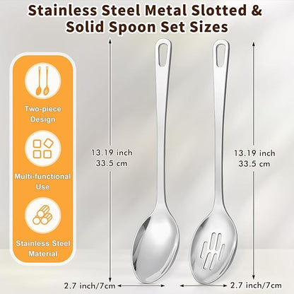 2 Pcs Stainless Steel Cooking Spoons Set, Solid & Slotted Metal Serving Spoons - Image 5