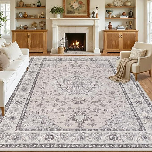 8x10 Area Rugs for Living Room: Vintage Boho Neutral Washable Rug Indoor Soft by Luxturiy